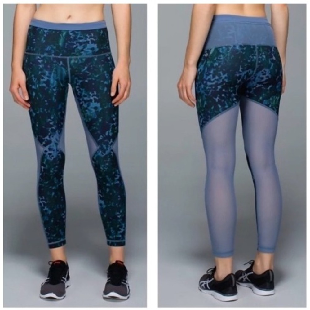 LULULEMON Running In The City Tight 7/8 Blue Floral Mesh Panel Leggings 8